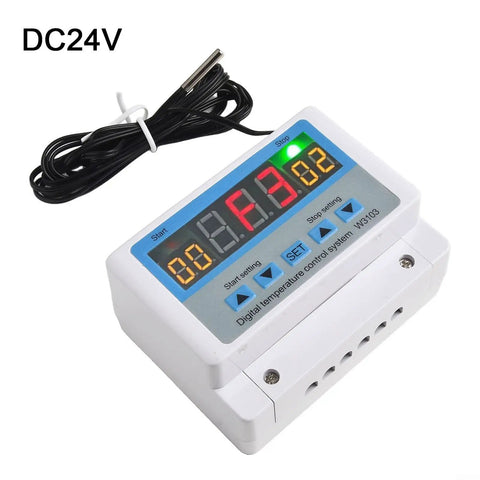 DC24V digital temperature controller with probe, display, and buttons for heating and cooling use