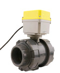 Beefy 3 Inch Electric PVC Ball Valve With High Torque Aluminum Gearbox 110 230V AC Normally Closed With Power Off Return Two Wire Control Flexible Joint Easy Install For Water Lines And Industrial Use, front view