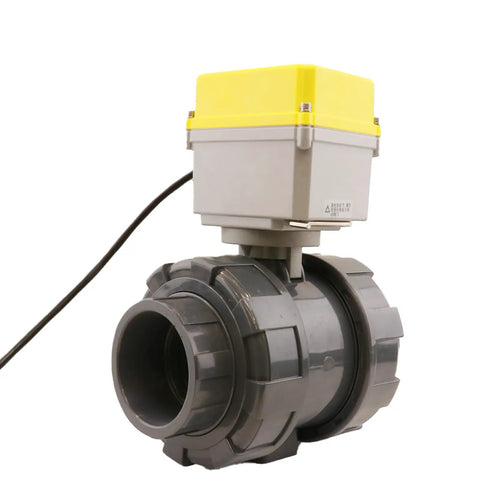 Beefy 3 Inch Electric PVC Ball Valve With High Torque Aluminum Gearbox 110 230V AC Normally Closed With Power Off Return Two Wire Control Flexible Joint Easy Install For Water Lines And Industrial Use, front view