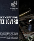 Thick Copper Turkish Coffee Pot Cezve Ibrik Briki With Wooden Handle And Hand Engraving Antique Copper Finish 9 Ounce Stovetop Coffee Maker For Gas And Electric Not Induction Handmade In Turkey displayed on a table with coffee beans and a newspaper.