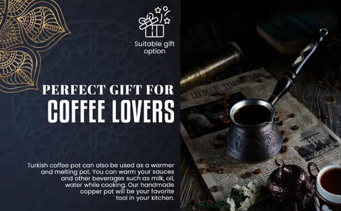 Thick Copper Turkish Coffee Pot Cezve Ibrik Briki With Wooden Handle And Hand Engraving Antique Copper Finish 9 Ounce Stovetop Coffee Maker For Gas And Electric Not Induction Handmade In Turkey displayed on a table with coffee beans and a newspaper.