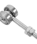 4Pcs Heavy Duty Sliding Door Rollers With Double Wheel Pulley Bearings Built Tough For Smooth And Silent Operation Sturdy Steel Construction close-up of a steel roller with double wheels and bolt.