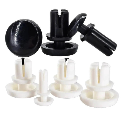 Heavy Duty Nylon Push Rivet Clips For PC Board And Wire Harness, black and white fasteners, durable for automotive and tech projects.