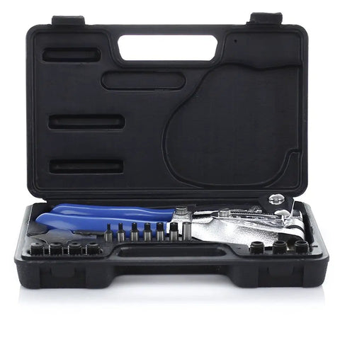 16 Piece Metal Hole Punch Kit For Sheet Metal With Puncher Built For Pros, Includes Seven Punch And Die Sizes, open case view