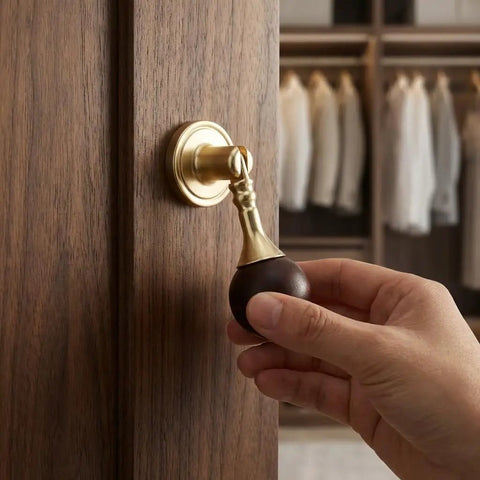 Gold Pendant Knobs Set 12 Pack for Cabinets and Furniture, Heavy Duty Zinc Alloy With Wood Ball being installed on wooden door.