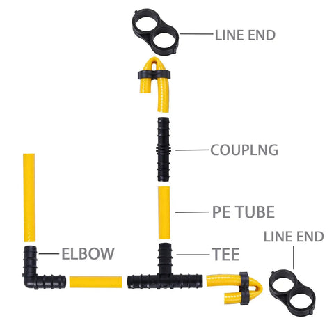 Drip Irrigation Fittings Kit With Half Inch Tubing Set 40 Pieces Of Barbed Connectors showing elbow, tee, coupling, and line end