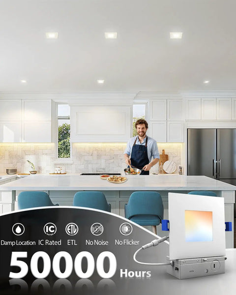 Adetu 4 inch Square Led Recessed Lighting, Ultra Thin Ceiling Light, 4 Pack, installed in a modern kitchen with ceiling. 