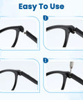 Black Eyeglasses Repair Kit With Straight Up Solid Temple Arms And Premium Nose Pads Gonna Save You A Ton On Optician Visits showing installation steps.
