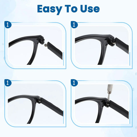 Black Eyeglasses Repair Kit With Straight Up Solid Temple Arms And Premium Nose Pads Gonna Save You A Ton On Optician Visits showing installation steps.