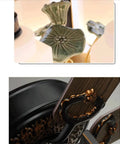 Slick Five Blade Vintage Gold Ceiling Fan With Six Frosted Milk Glass Lights And Rugged Dark Wood Blades, close-up on glass lamp and detailing.