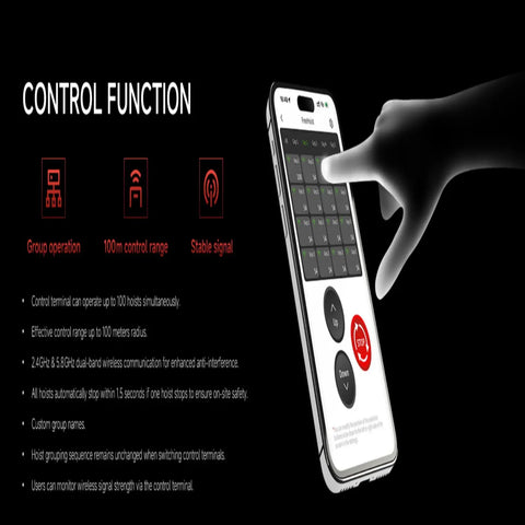 Control interface of No Sweat Cordless Electric Chain Hoist And Wireless Stage Winch for Theater Rigging with 100m range.