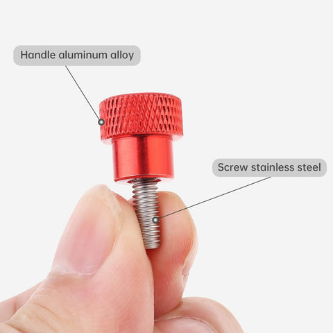 Close-up of Six Pack M4 10mm Stainless Steel Knurled Thumb Screws With Red Aluminum Heads, showcasing detailed grip and threading.