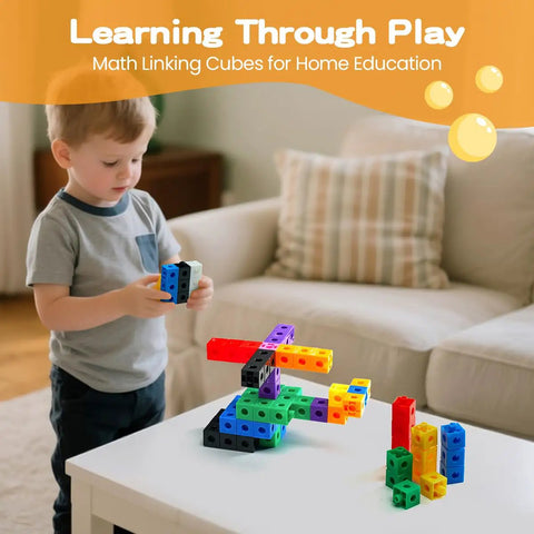 Child building with 200 Piece Kids Linking Cubes Set For Math And STEM Building Blocks, enhancing creativity and motor skills