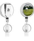 Heavy Duty Metal Badge Reel With 360 Degree Swivel And Secure Belt Clip, stainless steel, featuring a golf design.