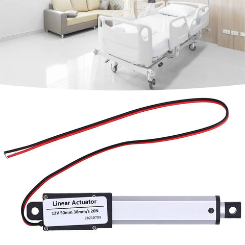 12V DC Linear Actuator With 50mm Stroke And 30 mm Per Second Speed, 20N Load Capacity, shown near medical bed.