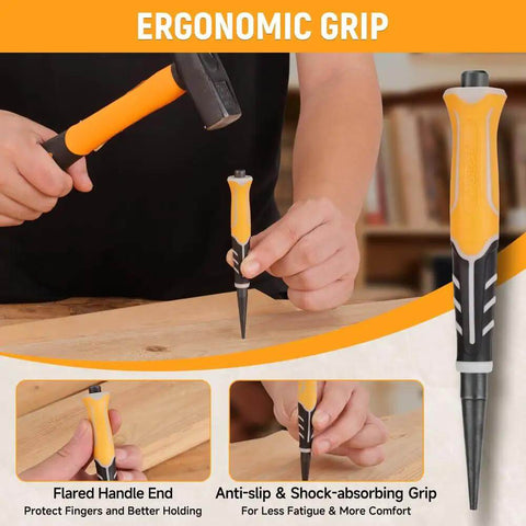 Pro Grade 3 Piece Pin Punch Set With CRV Steel Black Oxide Punches 1/32 1/16 3/32 Inches ergonomic grip demonstration