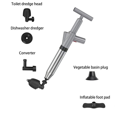 Beast Mode Heavy Duty Toilet Plunger And Drain Snake Set For Bathroom Clog Removal with accessories and pressure display, Gray.