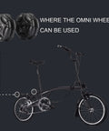 Brompton omni wheel upgrade shown with bicycle integration for smoother, quieter rides in tight spaces. Includes 58mm omni wheel and stainless components.