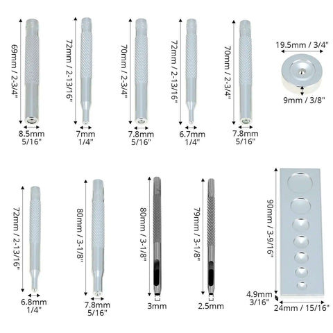 All In One Craft Tool Die Punch Snap Kit Rivet Setter with various sizes for DIY projects, includes base and extra long handles.
