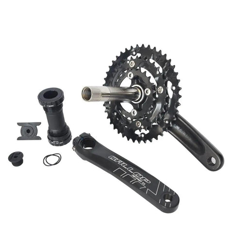 Triple Chainring Crankset With Bottom Bracket For Road And Mountain Bikes Eight And Nine Speed M430 42T 32T 22T 170mm Arm BCD 104 64mm Fits 68mm Or 73mm Shell Black Built For Any Ride, components laid out on white background
