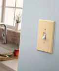 Unfinished Birch Wood Square 1-Gang Wall Plate 6-Pack Outlet Covers for Duplex Outlets installed in modern kitchen