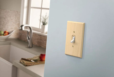 Unfinished Birch Wood Square 1-Gang Wall Plate 6-Pack Outlet Covers for Duplex Outlets installed in modern kitchen