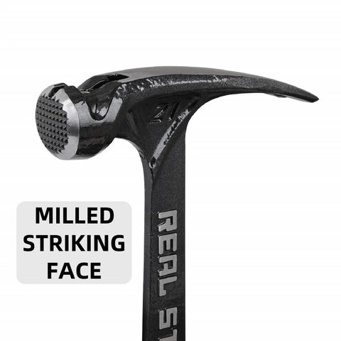21 Oz One Piece Forged Milled Face Framing Hammer With Rip Claw 0517 Black Beefy High Carbon Steel Durable Construction For Pro Carpentry And Framing Projects, close-up of milled striking face.