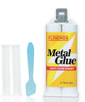 Flinemon Metal Glue epoxy adhesive tube with blue plastic spatula and white mixing cartridge.