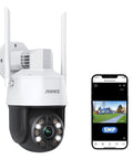 Crystal Clear 5MP PTZ Outdoor Security Camera With 20X Optical Zoom next to smartphone app displaying live camera feed.
