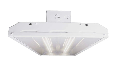 110W Linear LED High Bay Light 4000K Workhorse DLC Premium, angled view from below showing slim industrial design for warehouses