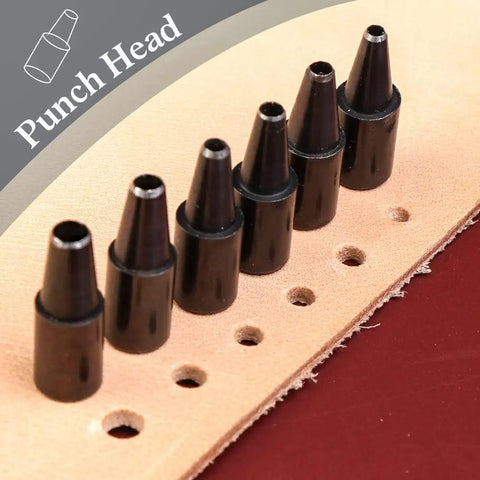 Close-up of six punch tips for Adjustable Leather Hole Punch Tool With Wooden Handle Automatic Puncher Hollow Punch