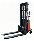 Heavy Duty Straddle Stacker Handles 3,300 Lbs With Semi Electric Lift For Tight Spaces And Tough Jobs featuring sturdy forks and black frame.