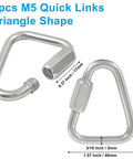 Four Pack 316 Stainless Steel Triangle Locking Quick Connectors Three Sixteenth Inch M5 Quick Links Heavy Duty Durable Chain Connectors With 716 Pounds Capacity For Secure Rigging Towing Lanyards And More, two triangle shaped quick links with dimensional details.