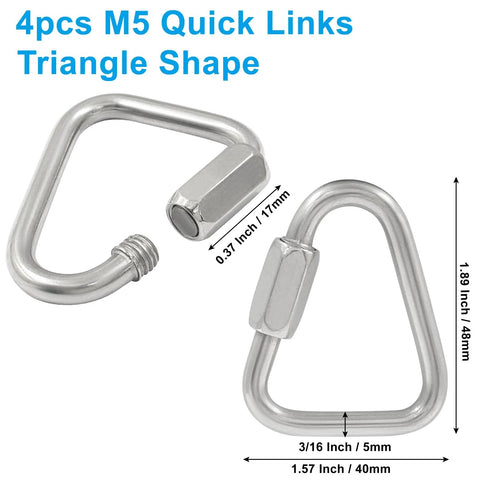 Four Pack 316 Stainless Steel Triangle Locking Quick Connectors Three Sixteenth Inch M5 Quick Links Heavy Duty Durable Chain Connectors With 716 Pounds Capacity For Secure Rigging Towing Lanyards And More, two triangle shaped quick links with dimensional details.