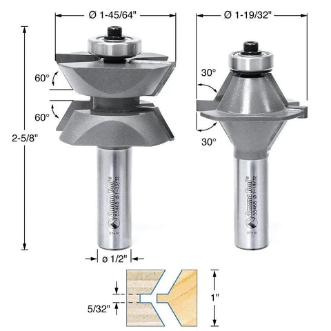 Two Piece Carbide Tipped Edge Banding Router Bit Set For DIY Woodworking with dimensions and diagram, 30 Degree Bit, 1/2 Inch Shank