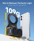 Fun Shot Magnetic Phone Grip with detachable shutter button beside iPhone, showing size and weight in light design.