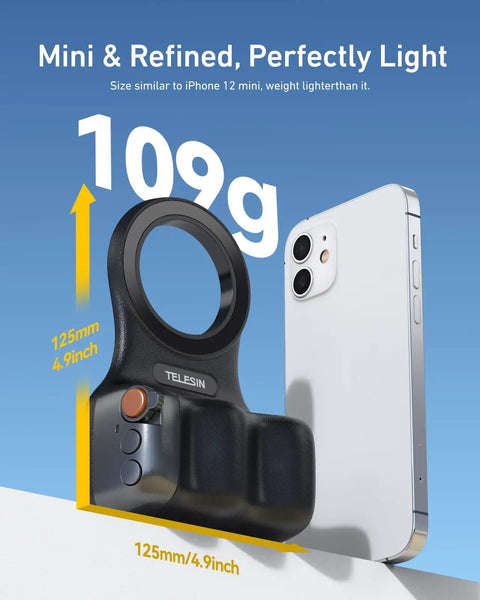 Fun Shot Magnetic Phone Grip with detachable shutter button beside iPhone, showing size and weight in light design.