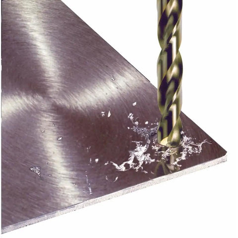 Cobalt Drill Bit 21/64 In By 4-5/8 In For High Temp Use Up To 1100F drilling into metal, showcasing thick web for tough materials