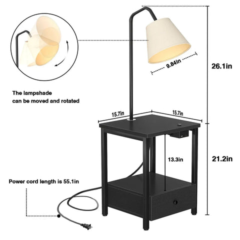 Floor Lamp With Built In Table And USB Outlet Nightstand Drawer Attached Reading Light End Table With Integrated Power For Living Room Or Bedroom Black Finish Bulb Included, showing dimensions and features like rotatable lampshade and drawer.