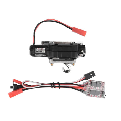 Top Notch 1/10 Scale RC Crawler Winch Set With Control System, Fairlead And Hook For HSP And Axial Off Road Crawling Cars Ready To Roll with black motor and hook.