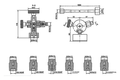 Technical drawings of Portable Hydraulic Nitrogen Accumulator Charging Pressure Gauge Tool For Excavators 10 MPa kit parts
