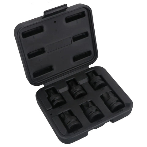 Half Inch Drive Shallow Stubby Torx Star Bit Socket Set T55 Through T100, 6 Piece, in open black blow molded case.