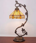 Tiffany Style Stained Glass Table Lamp with Yellow Hexagon Shade, 21 Inch Tall, Bronze Resin Base, UL Listed, for Bedroom or Office