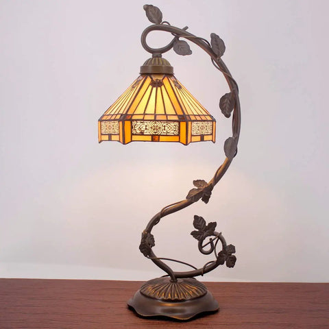 Tiffany Style Stained Glass Table Lamp with Yellow Hexagon Shade, 21 Inch Tall, Bronze Resin Base, UL Listed, for Bedroom or Office