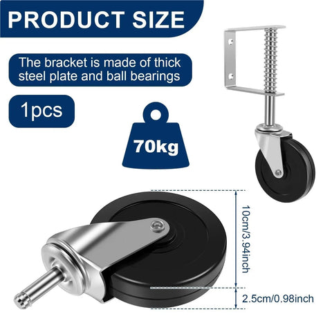 Rock Solid 4 Inch Rotating Gate Roller With Spring Loaded Adjustable Support Caster For Wood Or Metal Gates, features sturdy steel bracket.