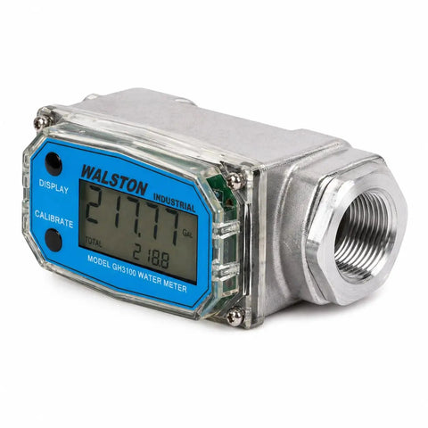Three Quarter Inch Digital Water Meter Inline Flow Meter With Female NPT Threads To Track Water Usage In Gallons Quarts Pints And Liters Battery Powered By Two AAA Batteries Factory Calibrated For Water And Recalibratable on silver inline meter