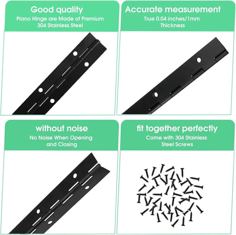 Heavy Duty Piano Hinges 4 Pack 12 Inches By 1.2 Inches Black Stainless Steel Workhorse Hardware with screws, close-up view.