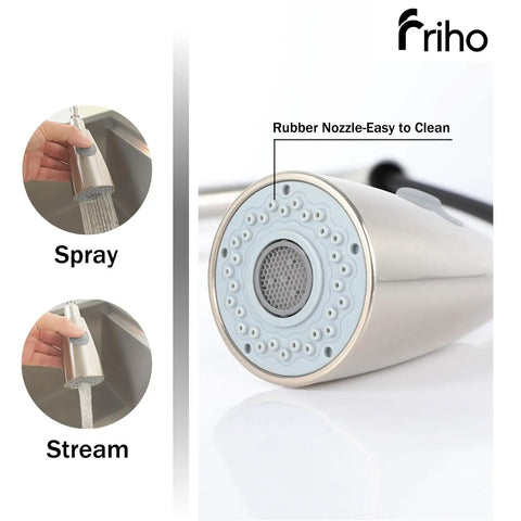 Top Shelf Brushed Nickel Kitchen Faucet With Smooth Pull Down Sprayer and High Arc installation showing rubber nozzle and spray features.