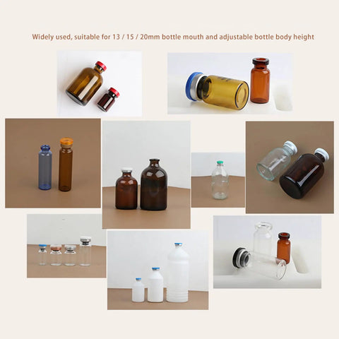 Various aluminum and plastic bottles suitable for Heavy Duty Pneumatic Vial Crimper Machine for Aluminum Plastic Bottles.