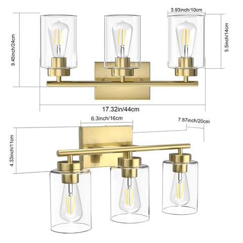 Brushed Brass Modern Bathroom Light Fixtures With Clear Glass Shade Three Light Vanity Wall Sconce dimensions.